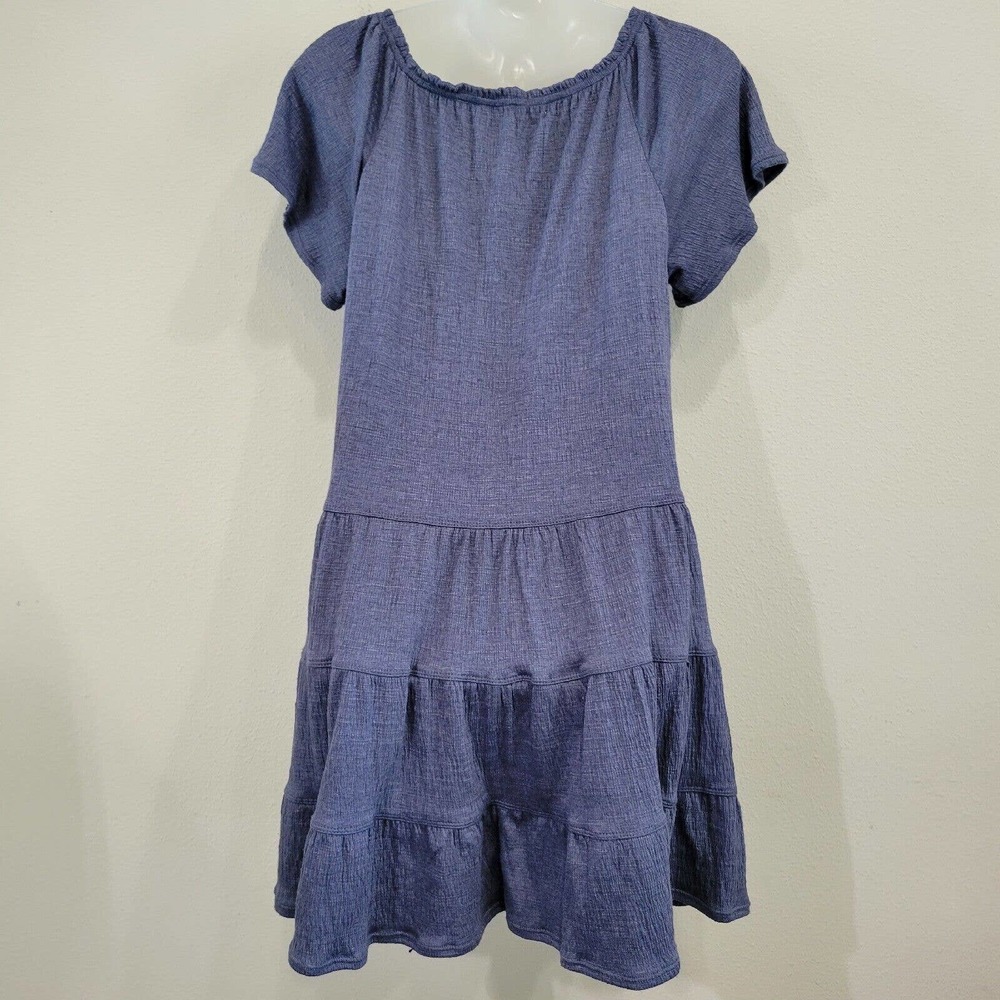 Max Studio Chambray Blue Tiered Knee Length Blue Short Sleeve Dress Size Large - Picture 5 of 8